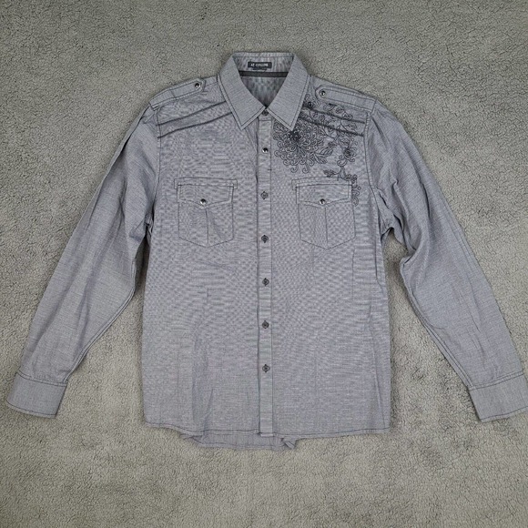 At Collins Shirt Men's Large Gray Striped Embroidered Floral Long Sleeve - Picture 1 of 10